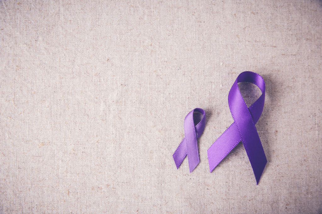 Purple ribbons toning copy space background, Alzheimer's disease